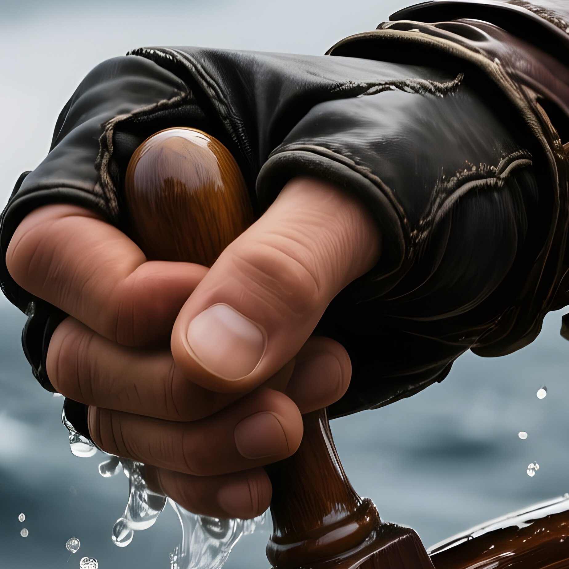 A Close‑Up Of A Pirate'S Hand Gripping A Polished Wooden Wheel, Sea Spray Clinging To His Gauntlet, - Full Resolution Quality Preview