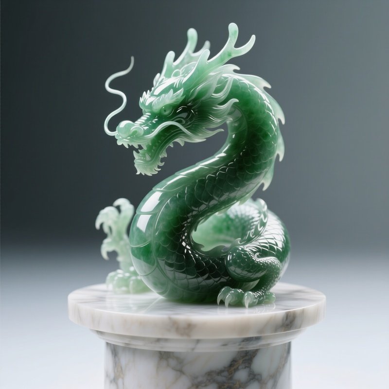 A Close‑Up Of A Polished Jade Dragon Curling Around A Marble Pedestal, Subtle Reflections Catching