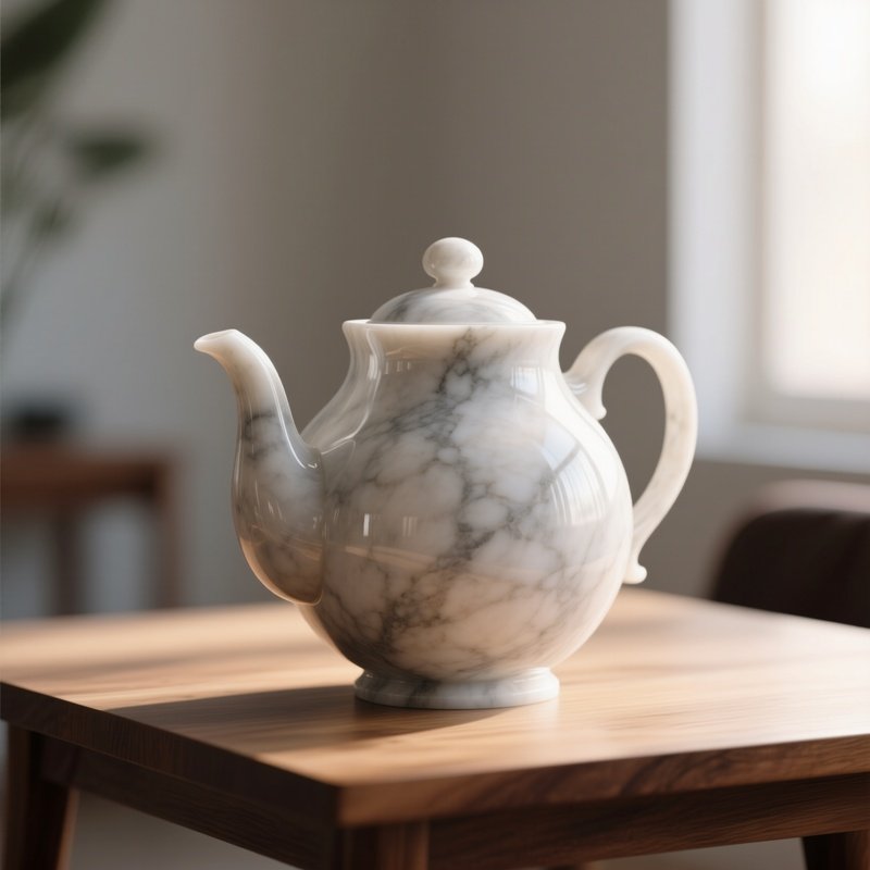 A Close‑Up Of A Polished Marble Teapot Sculpture On A Wooden Table, Soft Morning Light Highlighting