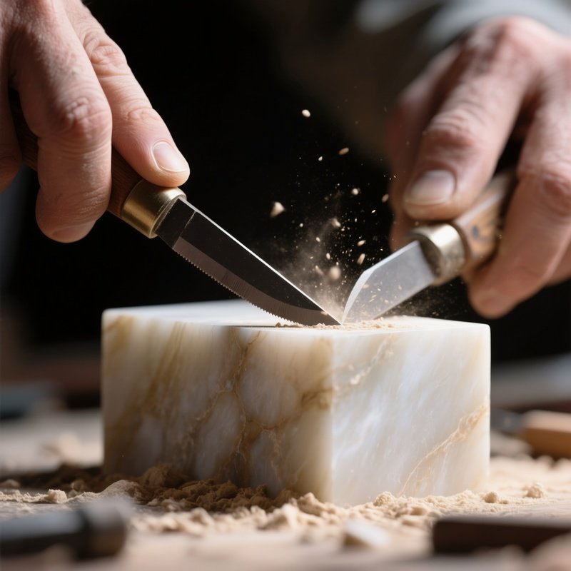 A Close‑Up Of A Sculptor’S Carving Knife Cutting Fine Details Into A Block Of Alabaster, Dust Motes