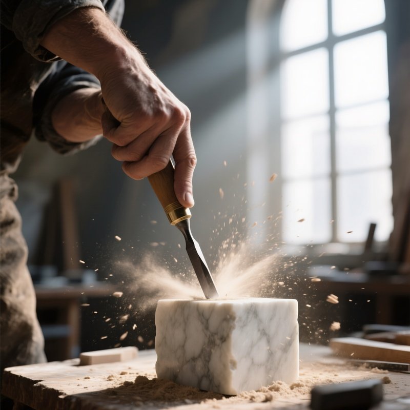A Close‑Up Of A Sculptor’S Chisel Striking A Block Of Marble, Fine Dust Spiraling In A Beam Of