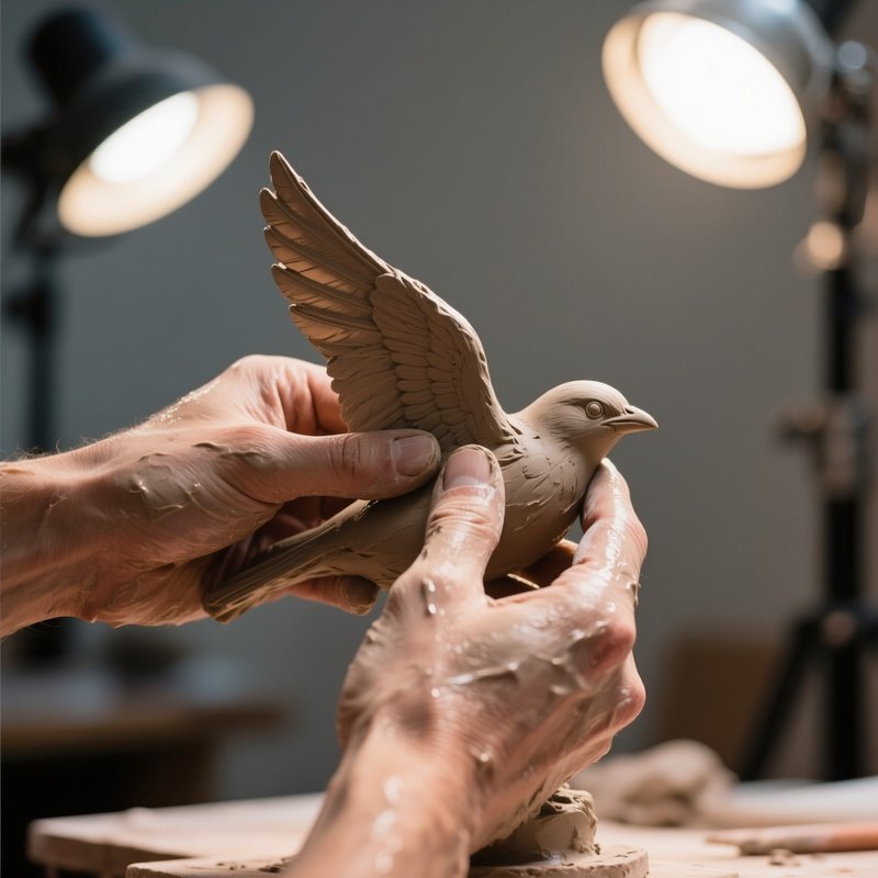 A Close‑Up Of A Sculptor’S Wet Clay Hands Smoothing A Delicate Bird Wing, Studio Lights Casting