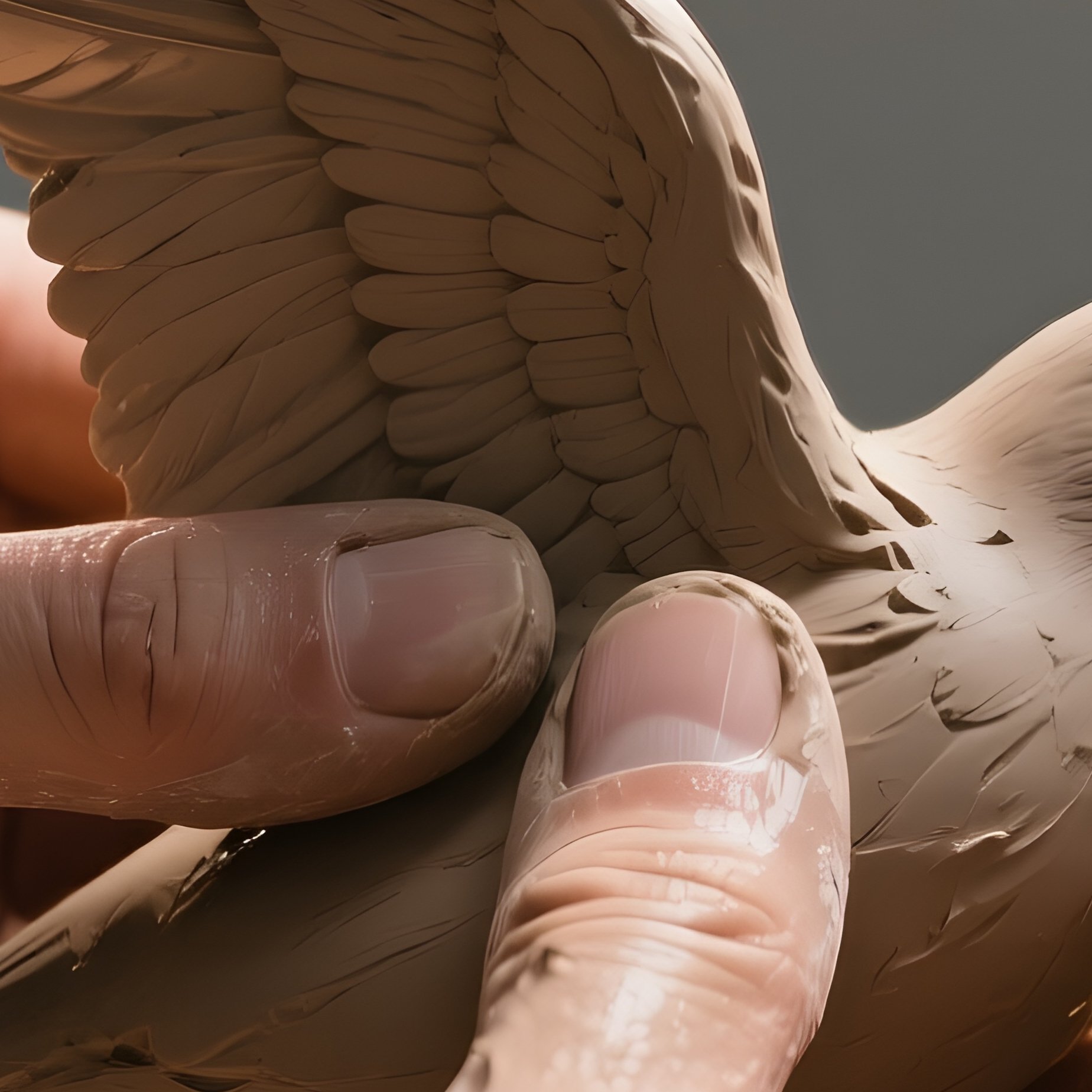 A Close‑Up Of A Sculptor’S Wet Clay Hands Smoothing A Delicate Bird Wing, Studio Lights Casting - Full Resolution Quality Preview