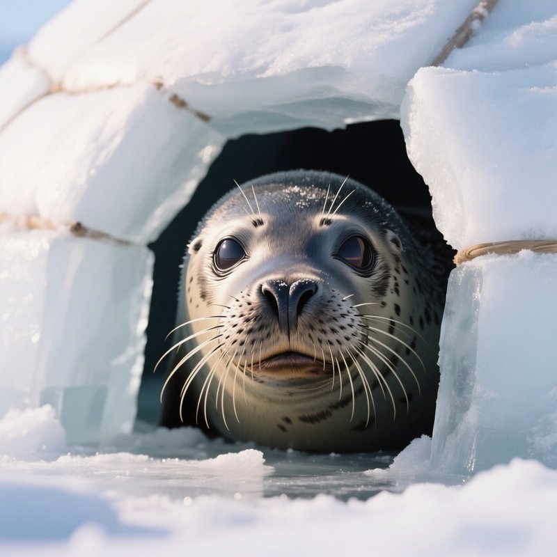 A Close Up Of A Seal'S Whiskered Face Peeking Through A Hole In The Ice Near An Igloo Entrance, Its