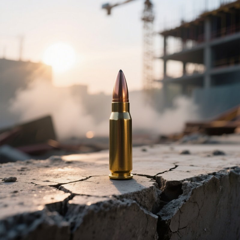 A Close‑Up Of A Single 5.56Mm Nato Round Perched On A Cracked Concrete Slab, The Primer Glinting As