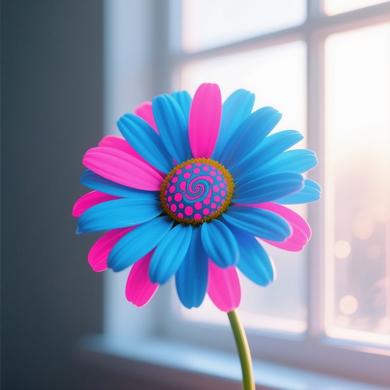 A Close‑Up Of A Single Daisy Painted In Electric Blue And Hot‑Pink Blocks, Its Center A Swirling