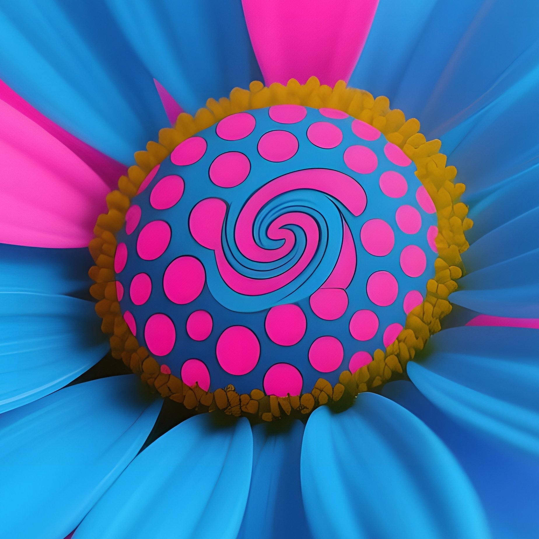 A Close‑Up Of A Single Daisy Painted In Electric Blue And Hot‑Pink Blocks, Its Center A Swirling - Full Resolution Quality Preview