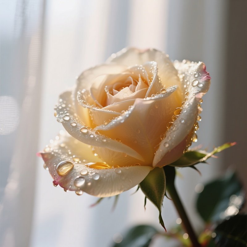 A Close‑Up Of A Single Dewy Sugar Rose Petal, Droplets Of Honey Reflected In Its Translucent