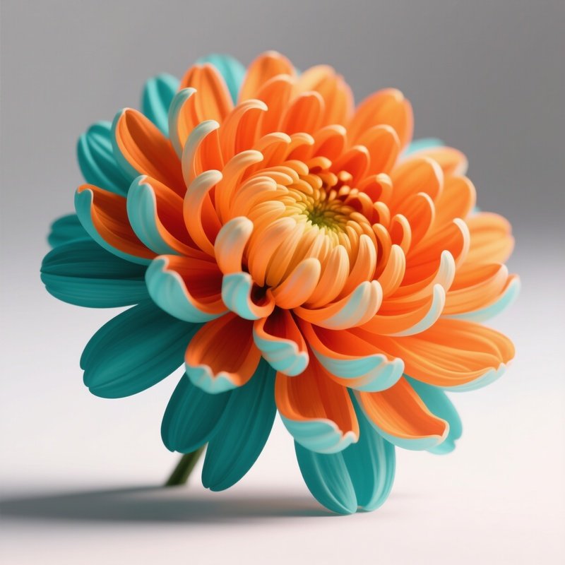 A Close‑Up Of A Single Pop‑Art Chrysanthemum Rendered In Flat Orange And Teal Layers, Studio