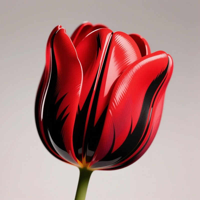 A Close‑Up Of A Single Pop‑Art Tulip Rendered In Glossy Red With Black Outline Veins, Studio