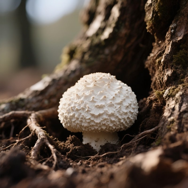 A Close‑Up Of A Single White Truffle Nestled In The Roots Of An Oak Tree, Earthy Tones, Subtle