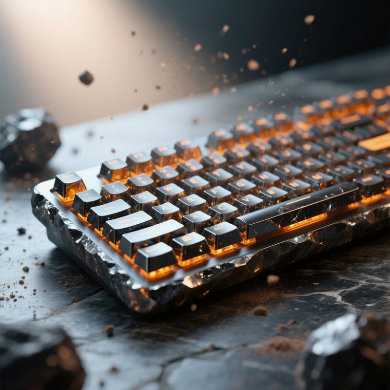 A Close‑Up Of A Sleek Computer Keyboard Made From Meteorite Metal, Its Keys Glowing Faintly Amber,