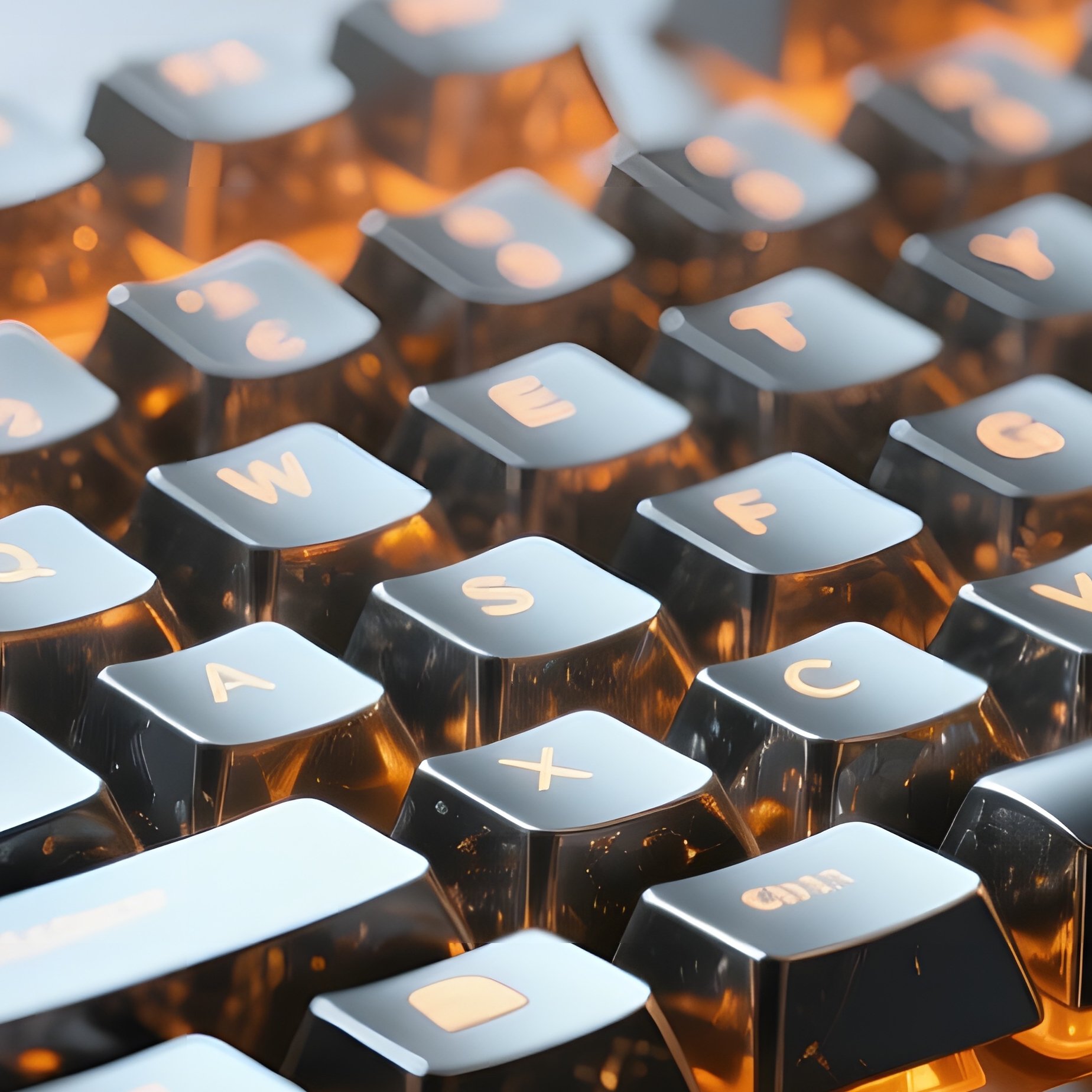 A Close‑Up Of A Sleek Computer Keyboard Made From Meteorite Metal, Its Keys Glowing Faintly Amber, - Full Resolution Quality Preview