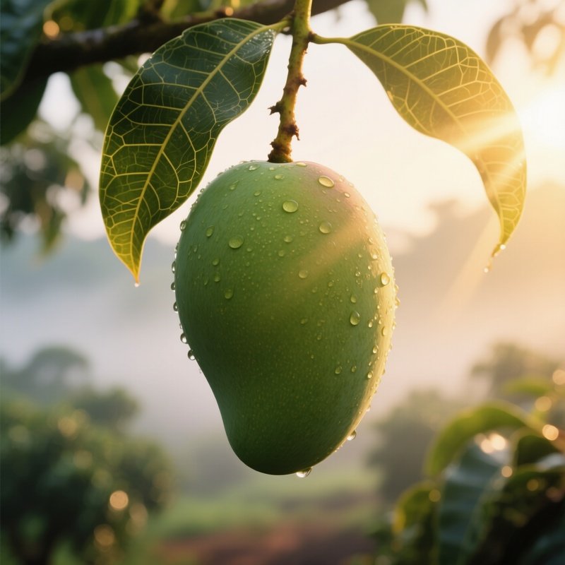 A Close Up Of A Smooth Green Skinned Mango Hanging From Its Stem In A Thai Orchard At Golden Hour,