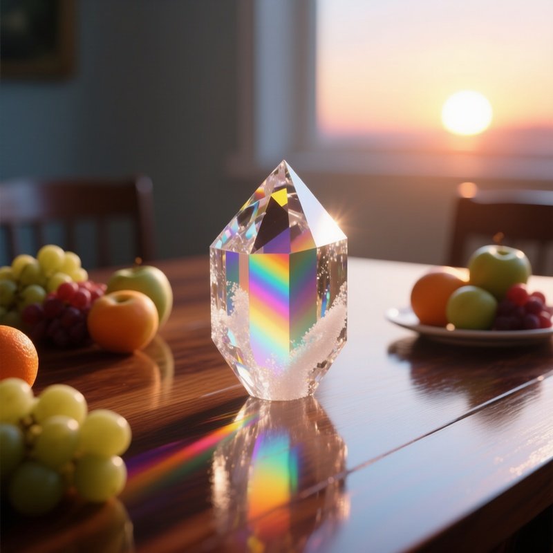 A Close‑Up Of A Sugar Crystal Prism Catching The Sunrise, Scattering Rainbow Hues Across A Polished