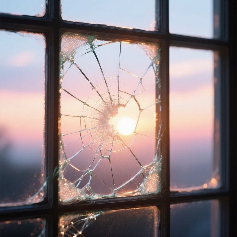 A Close‑Up Of A Sugar Glass Windowpane, Its Surface Cracked In Delicate Veins That Catch The Warm