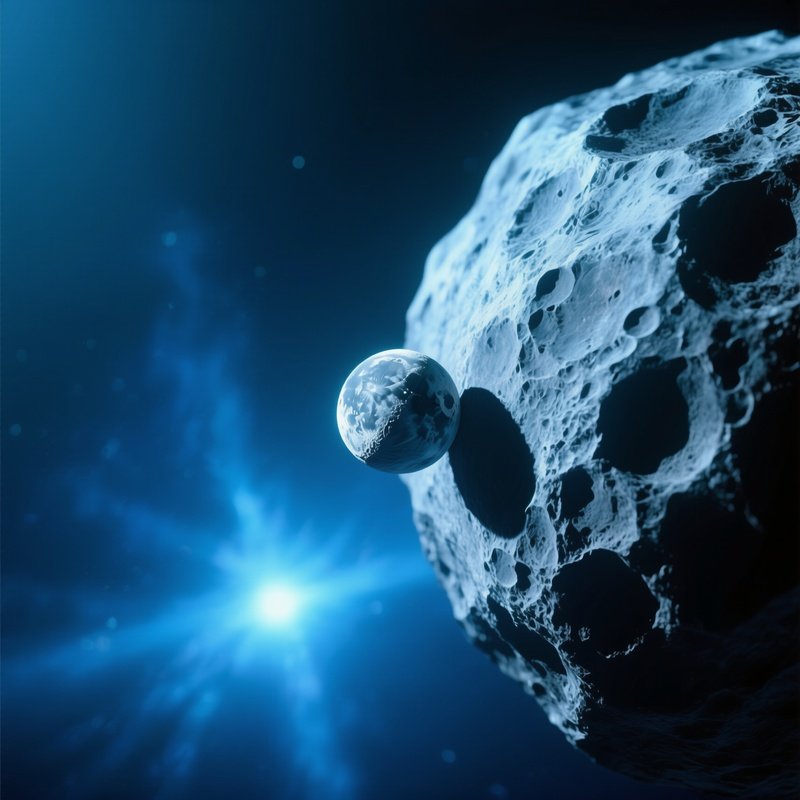 A Close‑Up Of A Tiny Moon Orbiting A Large Irregular Asteroid, Both Bathed In The Cool Blue Glow Of