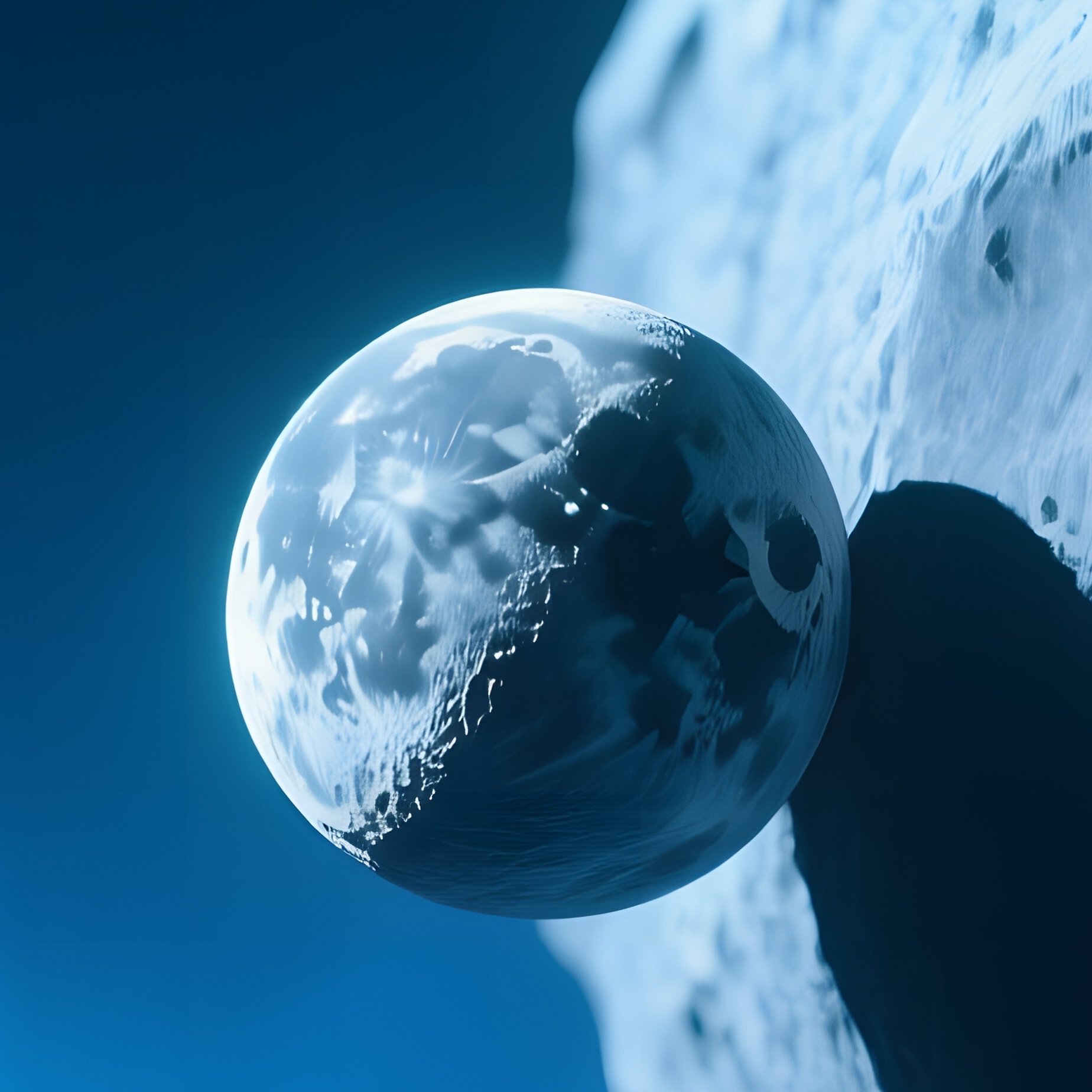 A Close‑Up Of A Tiny Moon Orbiting A Large Irregular Asteroid, Both Bathed In The Cool Blue Glow Of - Full Resolution Quality Preview