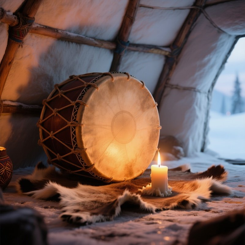 A Close Up Of A Traditional Inuit Drum Placed On An Igloo Floor, Animal Skin Stretched Tight,