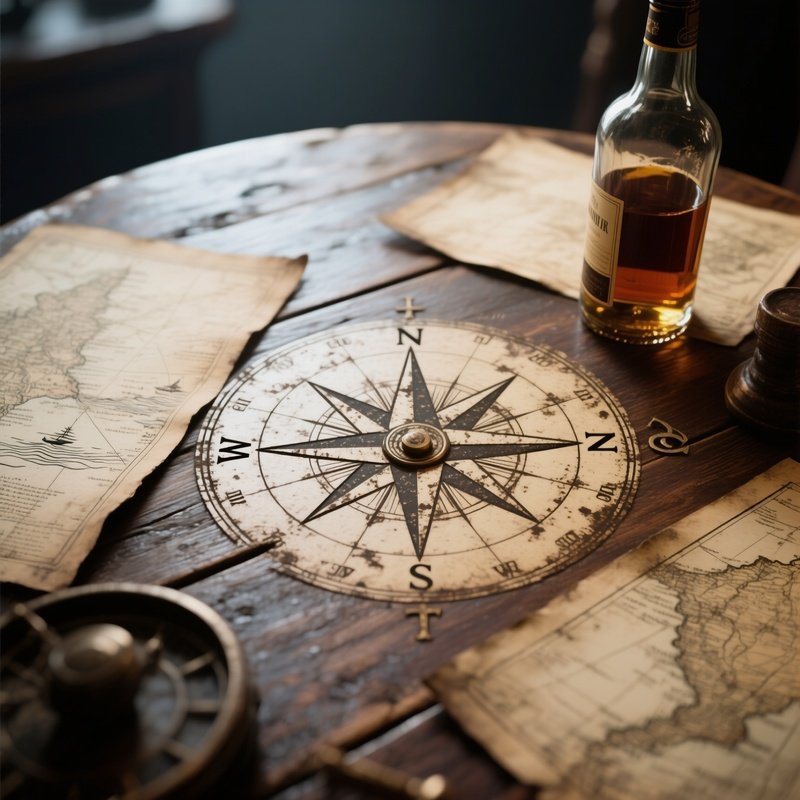 A Close‑Up Of A Weathered Compass Rose Etched Into A Wooden Table, Surrounded By Sea‑Stained Maps