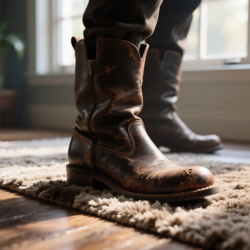 A Close‑Up Of A Weathered Leather Boot Stepping Onto A Plush Velvet Rug, Morning Light Streaming