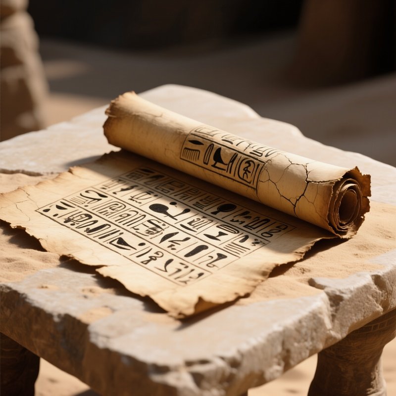 A Close‑Up Of A Weathered Papyrus Scroll Unrolled On A Sandstone Table, Hieroglyphic Characters