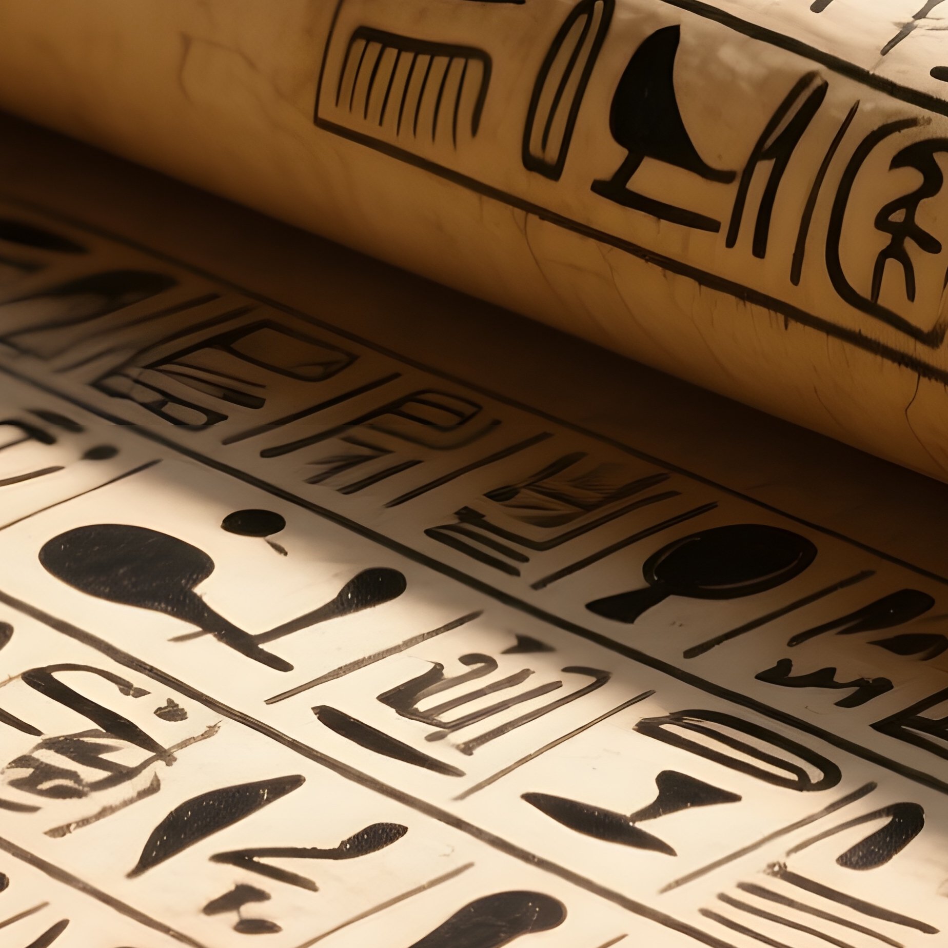 A Close‑Up Of A Weathered Papyrus Scroll Unrolled On A Sandstone Table, Hieroglyphic Characters - Full Resolution Quality Preview