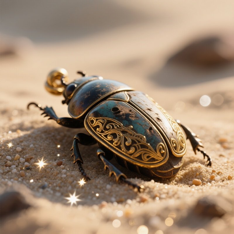 A Close‑Up Of A Weathered Scarab Amulet Lying On Sand, Intricate Gold Inlay Catching The Soft Glow