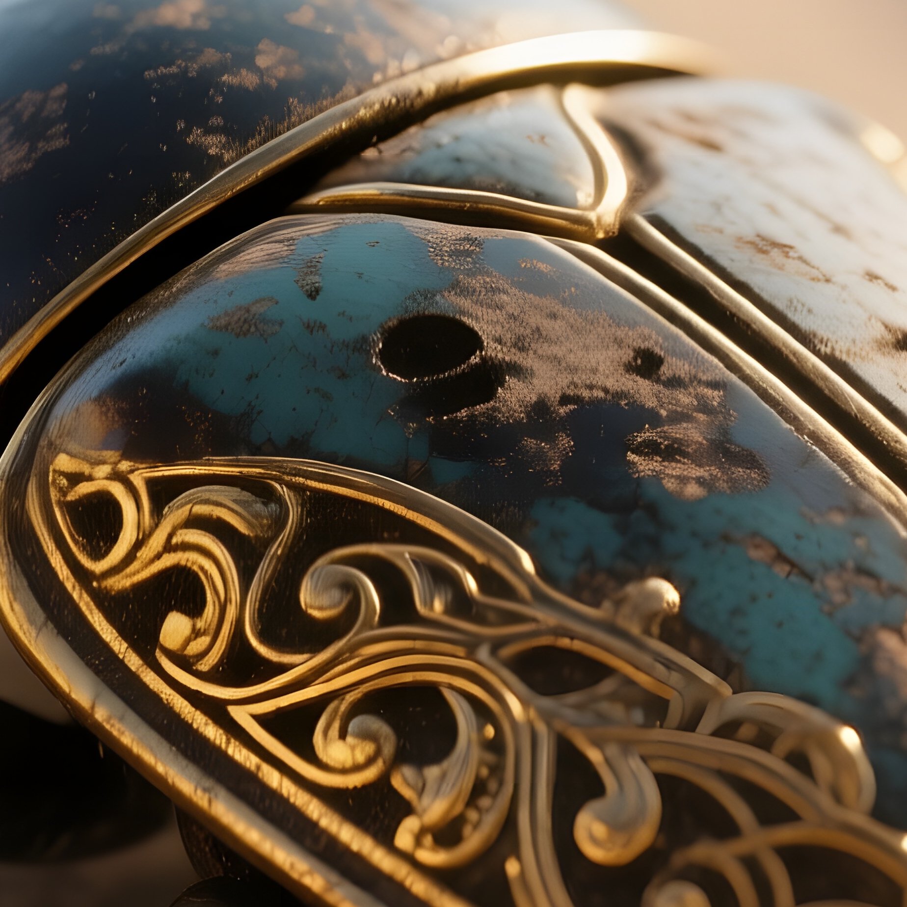 A Close‑Up Of A Weathered Scarab Amulet Lying On Sand, Intricate Gold Inlay Catching The Soft Glow - Full Resolution Quality Preview