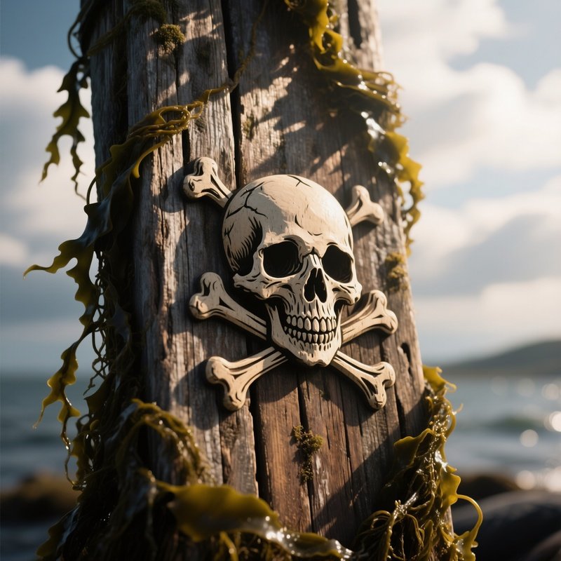 A Close‑Up Of A Weathered Wooden Plank With A Carved Skull And Crossbones Insignia, Seaweed Tangled