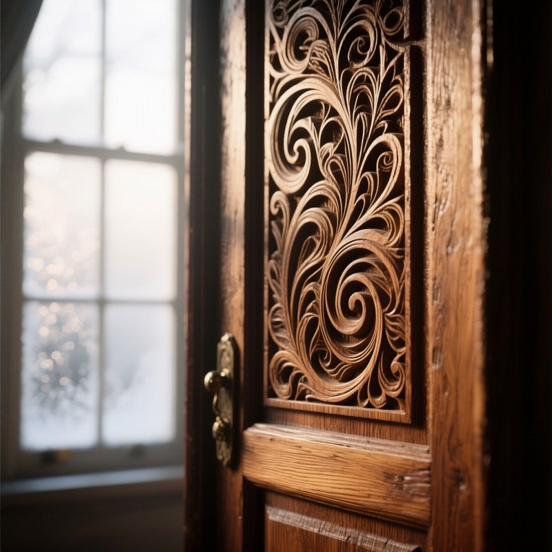A Close‑Up Of A Wooden Door With Intricate Hand‑Carved Patterns, The Grain Swirling Around The