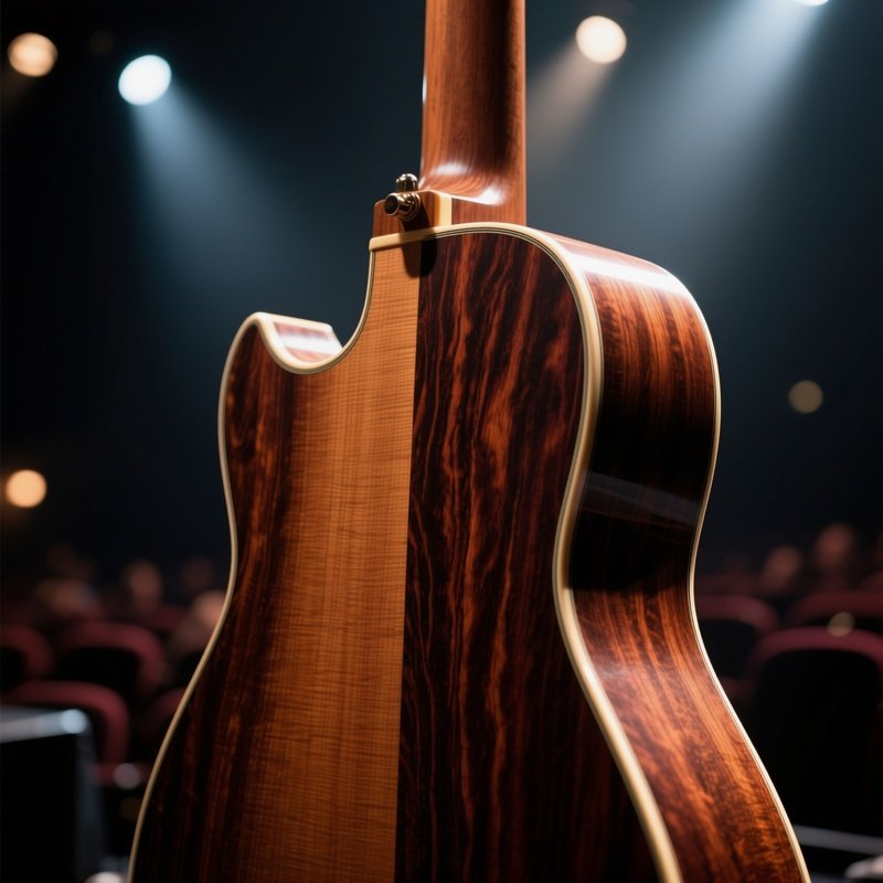 A Close‑Up Of A Wooden Guitar Body, Rosewood Back With Deep, Rich Veins Highlighted By Stage