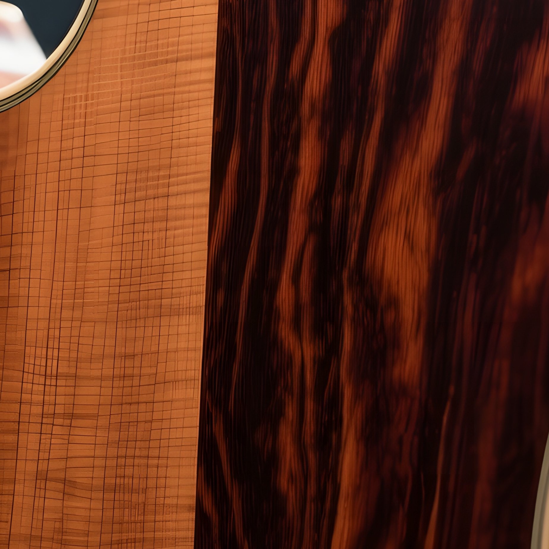 A Close‑Up Of A Wooden Guitar Body, Rosewood Back With Deep, Rich Veins Highlighted By Stage - Full Resolution Quality Preview