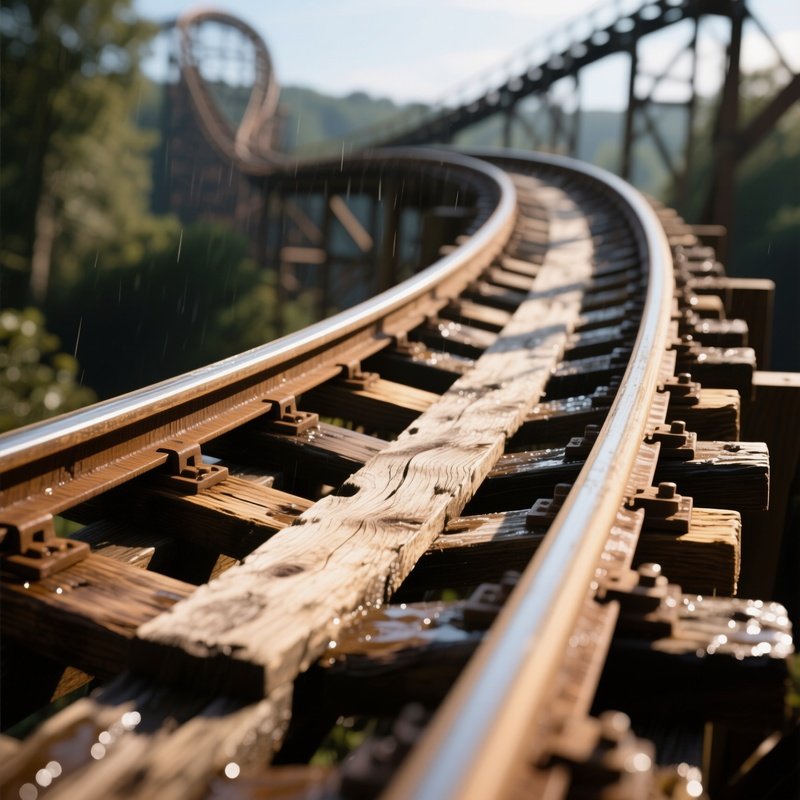 A Close‑Up Of A Wooden Roller Coaster Track, The Oak Planks Weathered By Sun And Rain, Highlighted