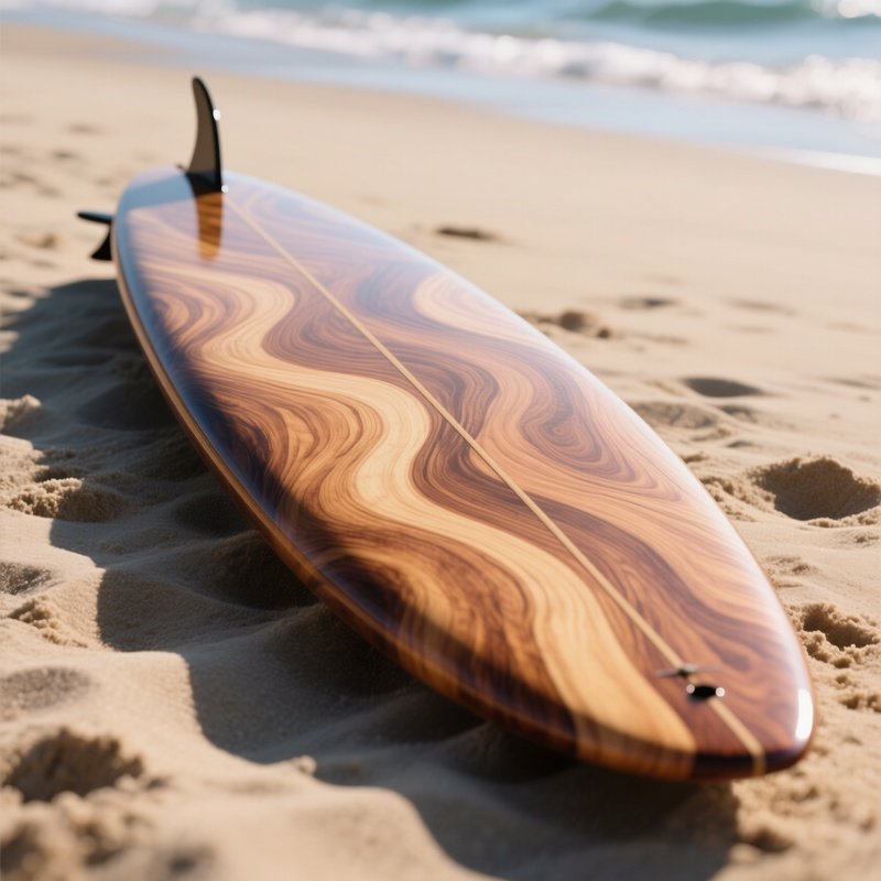 A Close‑Up Of A Wooden Surfboard Lying On Sand, Its Glossy Fiberglass Finish Revealing The