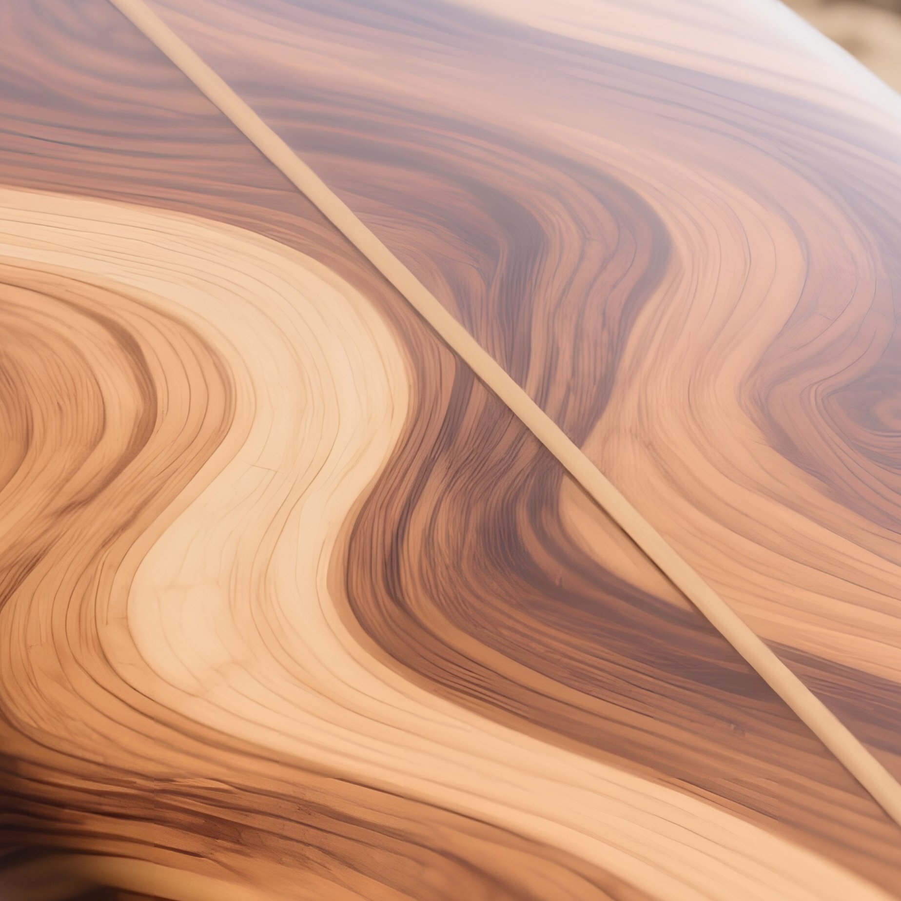 A Close‑Up Of A Wooden Surfboard Lying On Sand, Its Glossy Fiberglass Finish Revealing The - Full Resolution Quality Preview