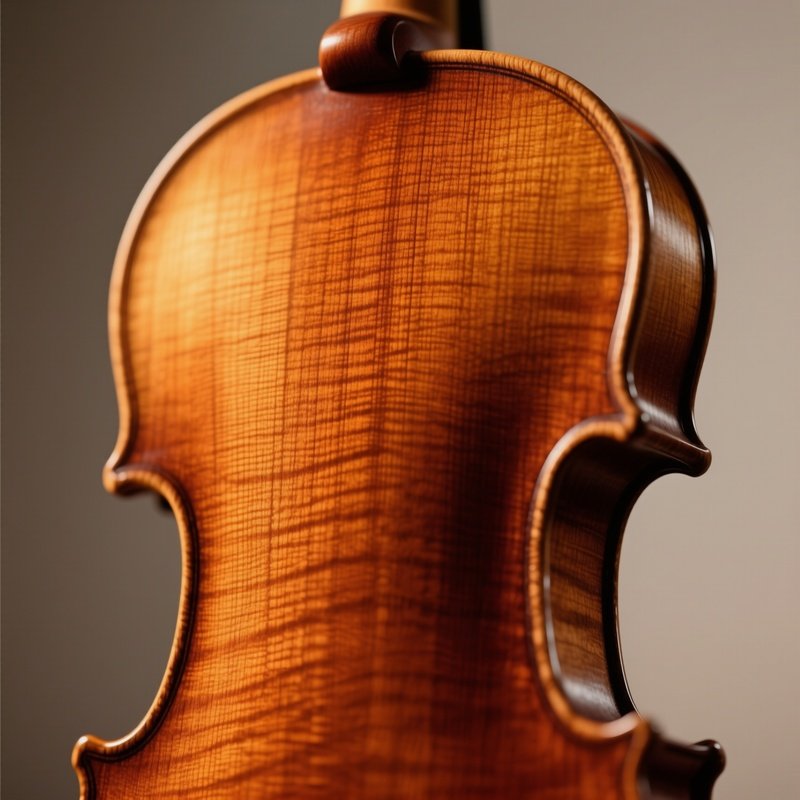 A Close‑Up Of A Wooden Violin’S Back, The Spruce Top Showing Fine, Tightly Spaced Grain Lines, Warm