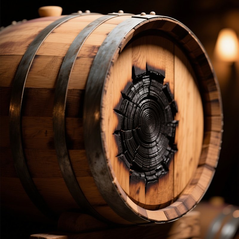 A Close‑Up Of A Wooden Wine Barrel’S Staves, Charred On The Inside Showing Deep Black Rings, The