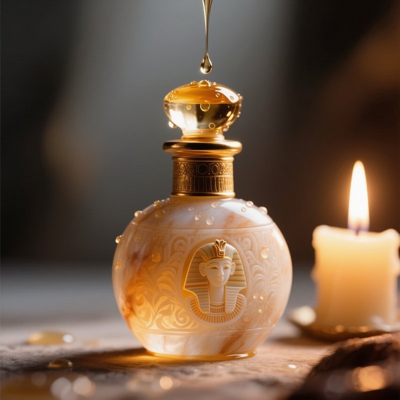 A Close‑Up Of An Ancient Egyptian Perfume Bottle Made Of Alabaster, Delicate Carvings Catching The