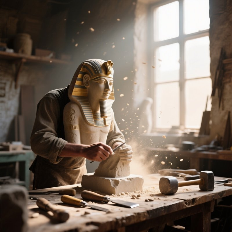 A Close‑Up Of An Egyptian Artisan Shaping A Limestone Statue In A Workshop, Sunlight Streaming