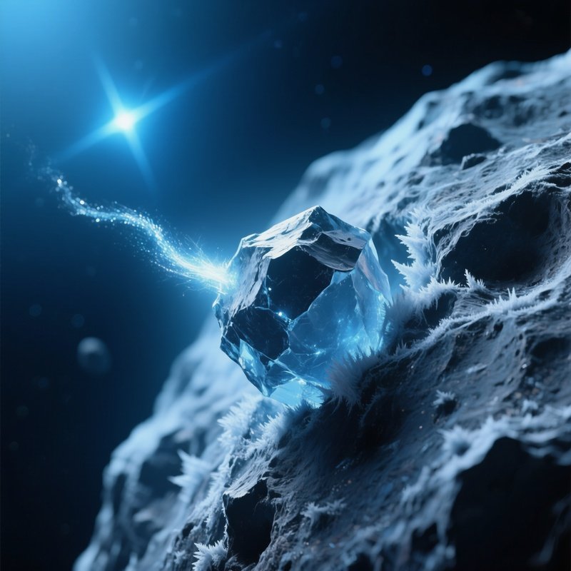 A Close‑Up Of An Icy Comet Fragment Embedded In An Asteroid’S Surface, Its Frosty Tail Glimmering