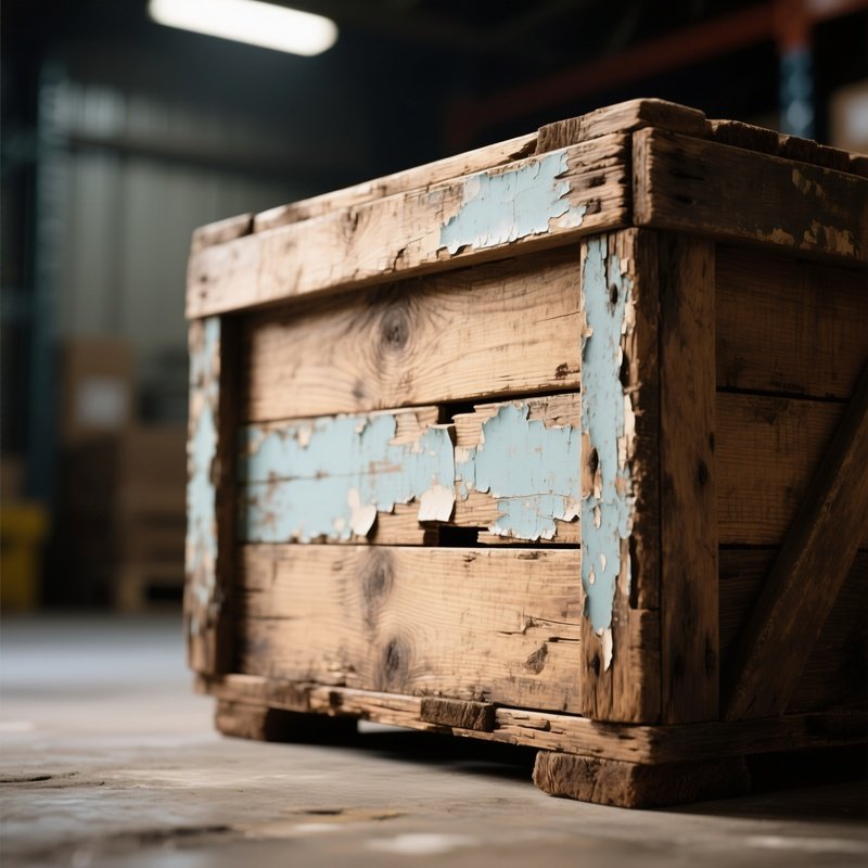 A Close‑Up Of An Old Wooden Crate With Faded Paint Peeling, Revealing The Underlying Rough Oak