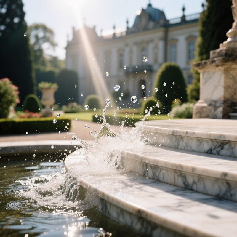 A Close Up Of Water Splashing Against Smooth Marble Steps At A Historic Palace Garden, Sunbeams