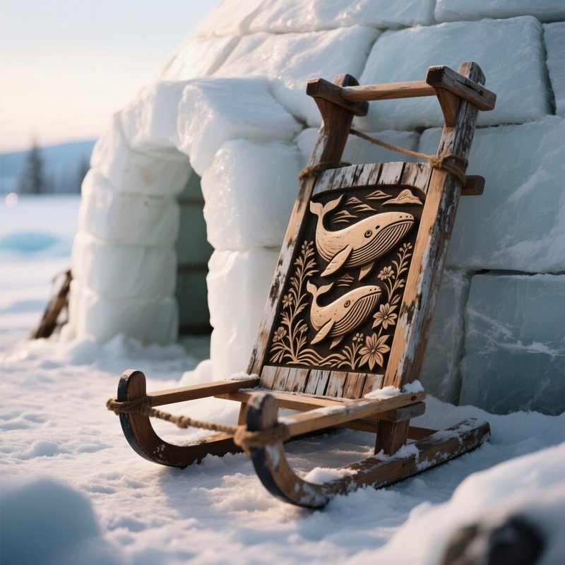 A Close Up Of Weathered Wooden Sled Runners Resting Against An Igloo’S Side, Intricate Carvings