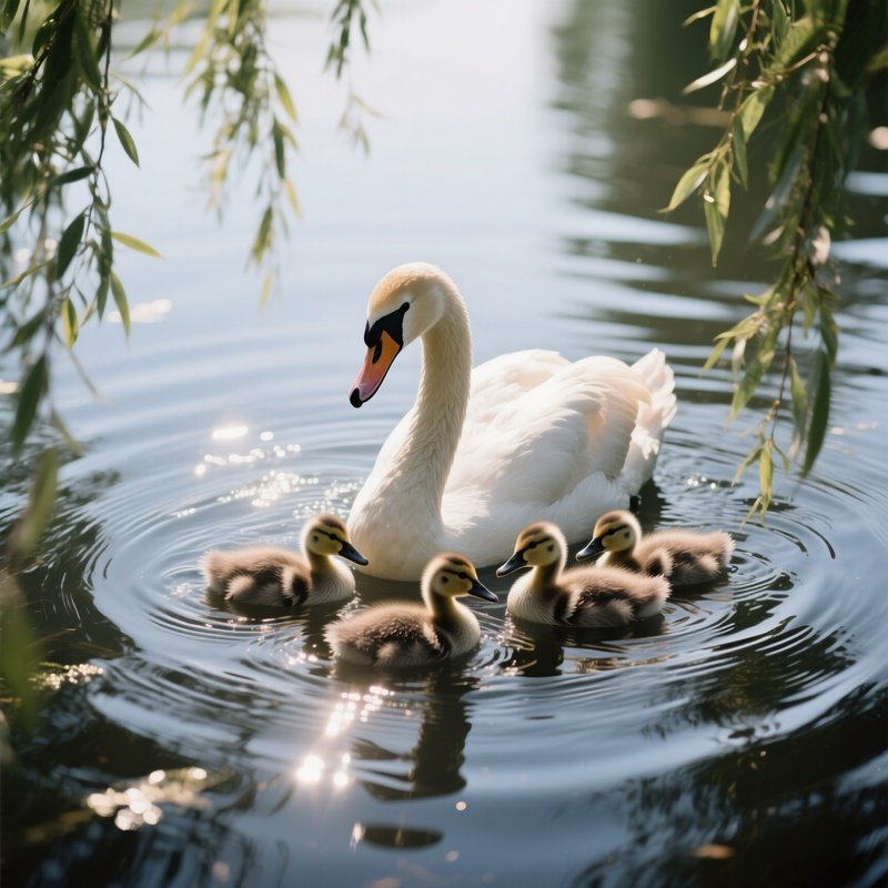 A Close‑Up Perspective From Water Level Of A Mother Swan Shielding Her Cygnets, The Camera Just