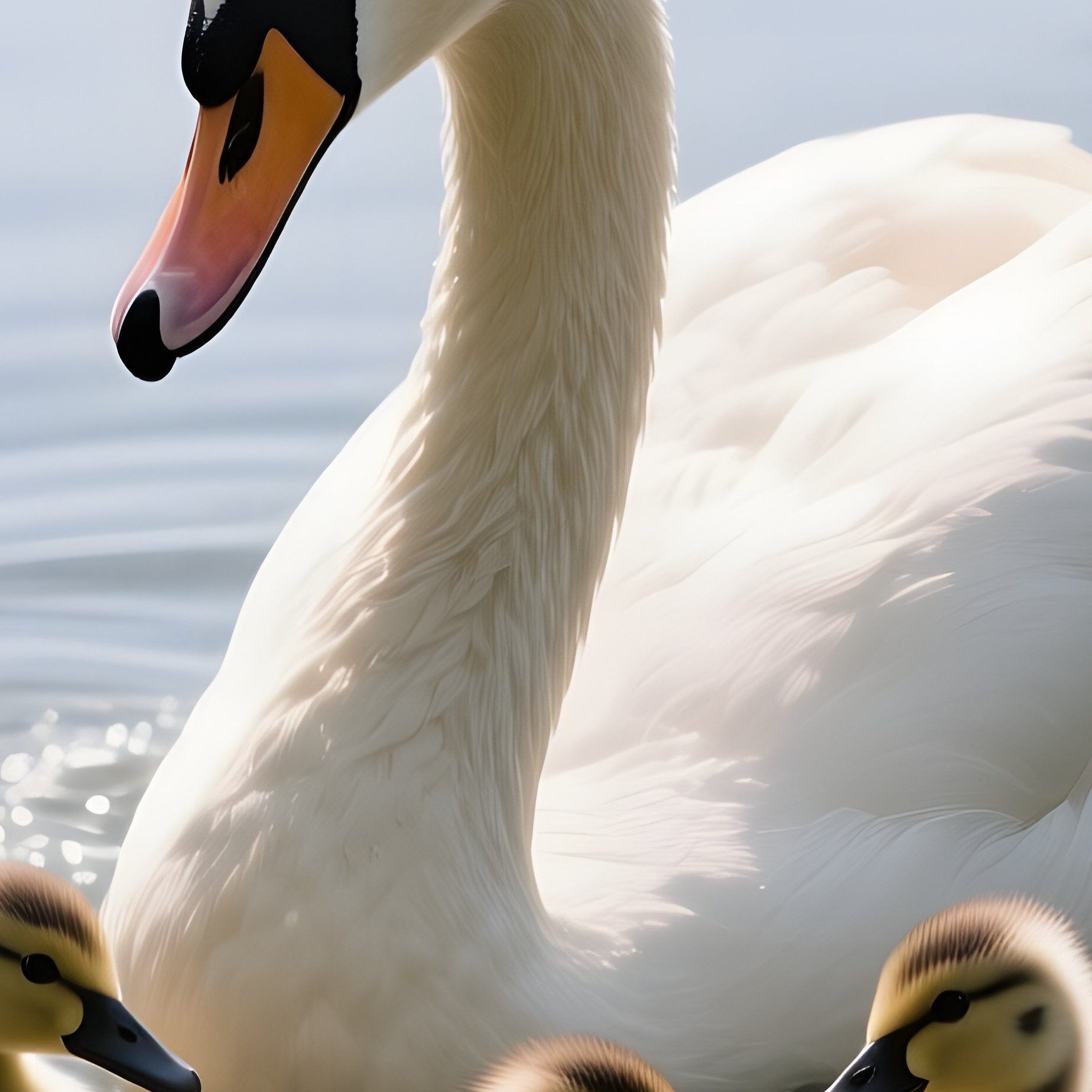 A Close‑Up Perspective From Water Level Of A Mother Swan Shielding Her Cygnets, The Camera Just - Full Resolution Quality Preview
