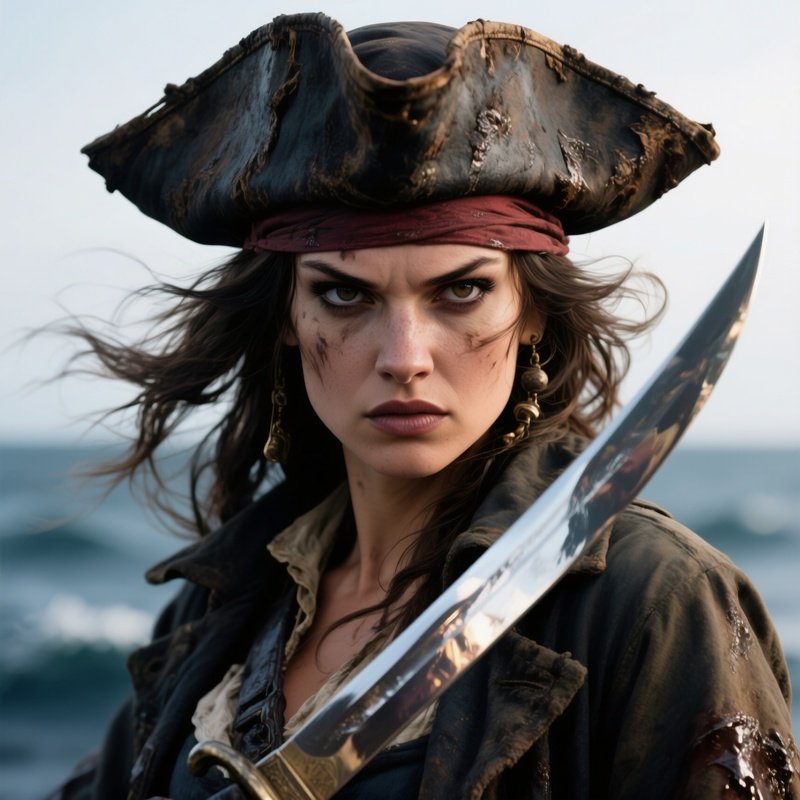 A Close‑Up Portrait Of A Fierce Female Pirate With A Weathered Tricorn Hat, Windblown Hair,