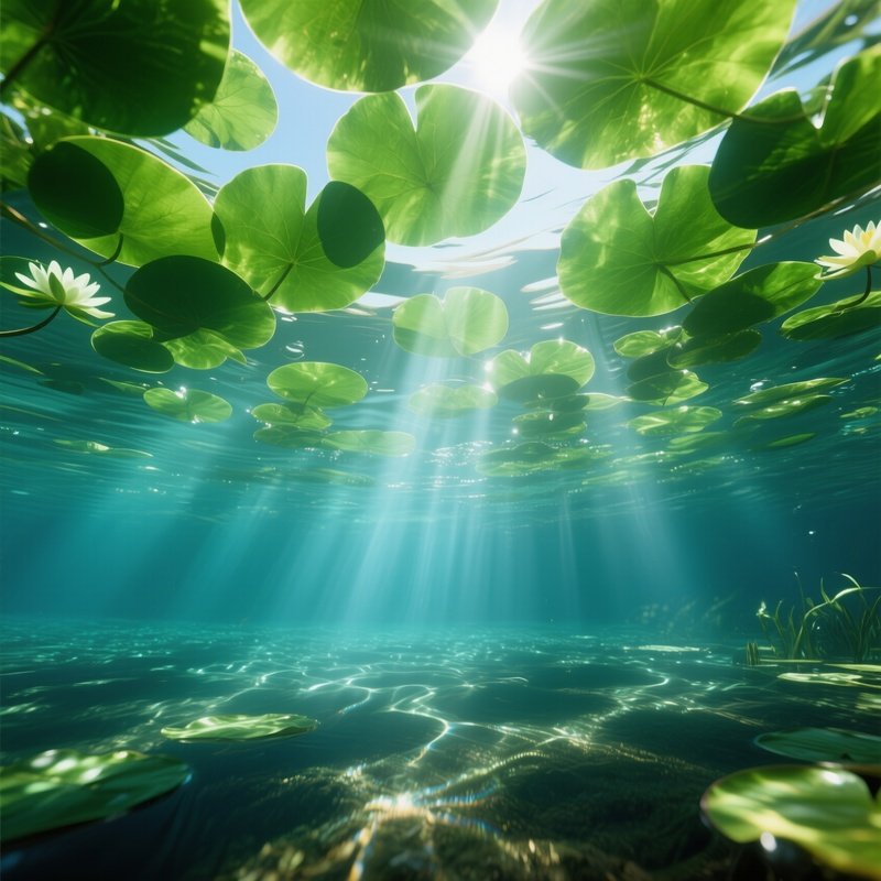 A Close‑Up Underwater Shot Looking Up Through A Canopy Of Emerald Lily Leaves, Sunbeams Piercing