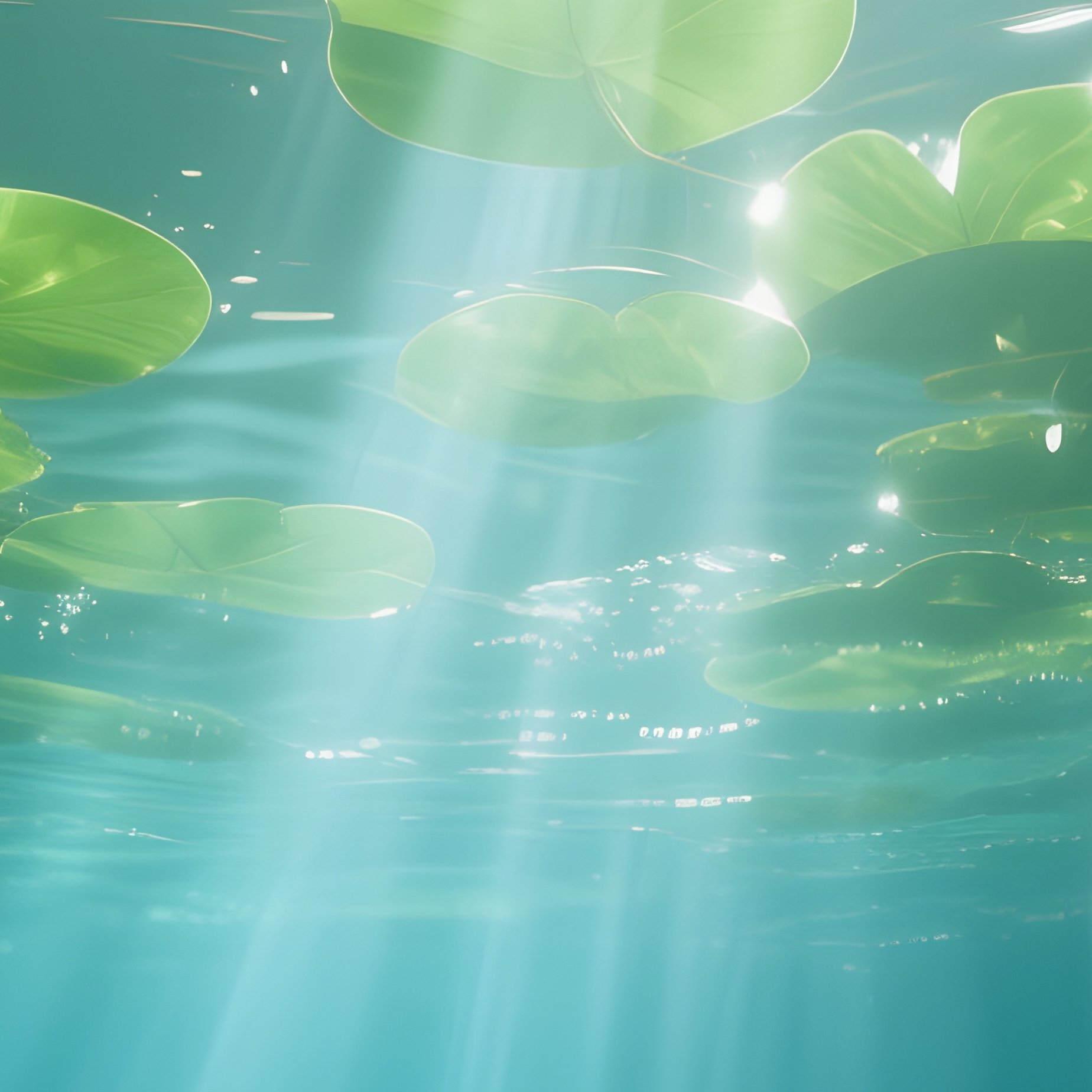 A Close‑Up Underwater Shot Looking Up Through A Canopy Of Emerald Lily Leaves, Sunbeams Piercing - Full Resolution Quality Preview