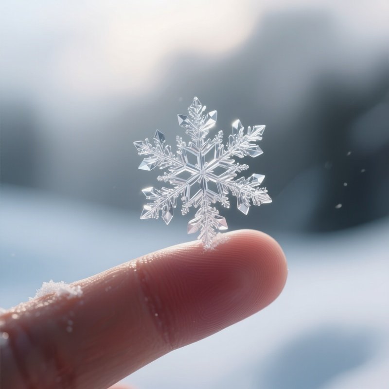 A Close Up View Of A Delicate Snowflake Landing On An Outstretched Fingertip, Each Crystal Facet